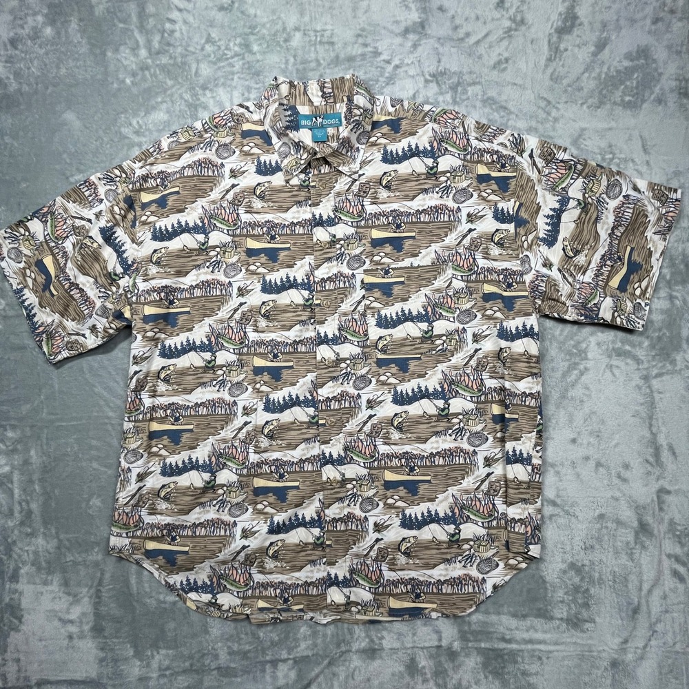 Big Dogs Fishing Print Shirt Mens Multicolor Cotton Short Sleeve Button Up 3XL